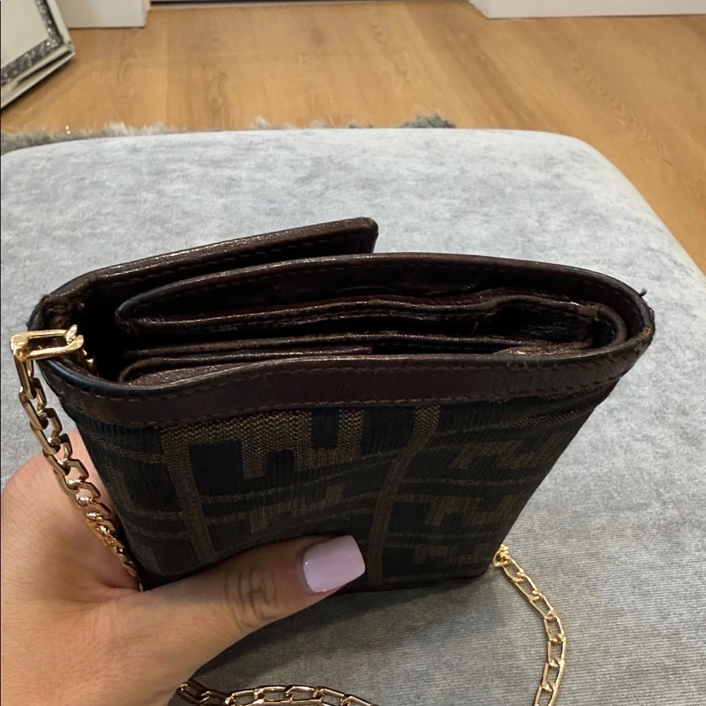 Fendi Black and Brown Monogram Clutch Bag with Gold Chain - Picture 10 of 15